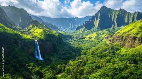 lush tropical valley waterfall in hawaii photo