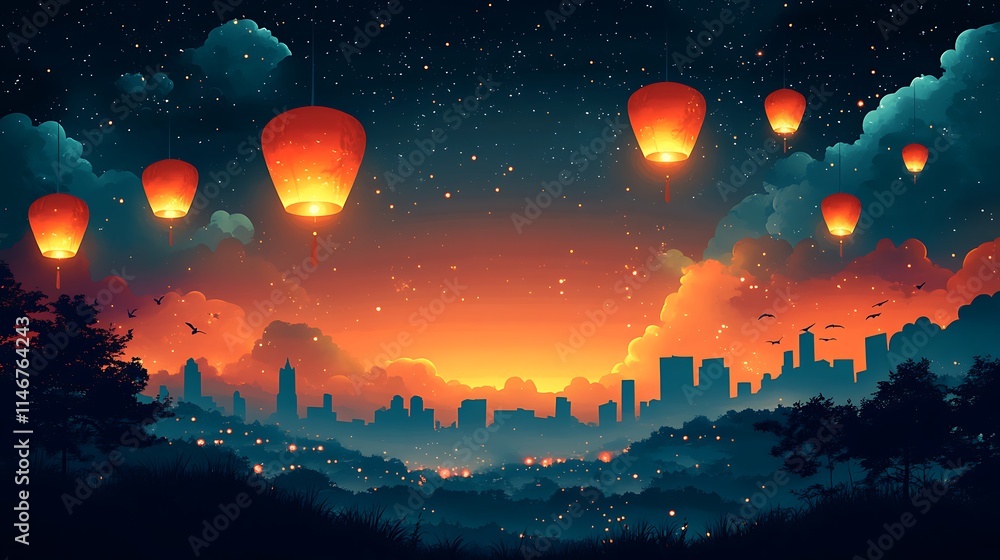 Naklejka premium Cityscape with Lanterns Floating in the Sky.