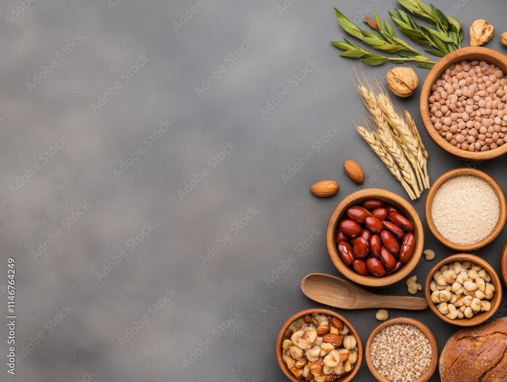 A collection of various grains, nuts, and legumes in bowls on a textured surface. A collection of various grains, nuts, and legumes in bowls on a textured surface.