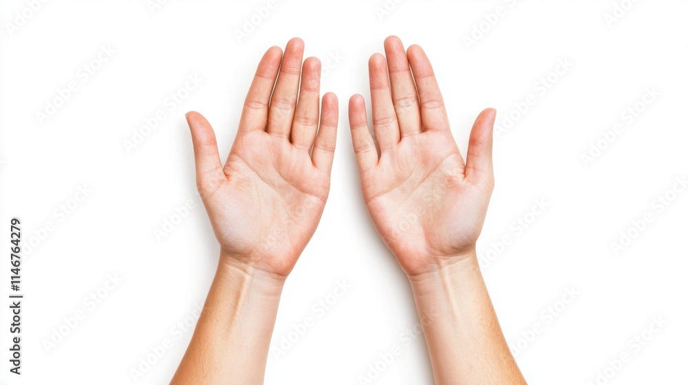 Two open hands are displayed, palms facing upwards against a white background, symbolizing openness, offering, or communication. Two open hands are displayed, palms facing upwards against a white background, symbolizing openness, offering, or communication.