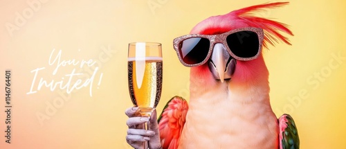 Stylish Parrot Celebrates with Champagne, Party Invitation Concept photo