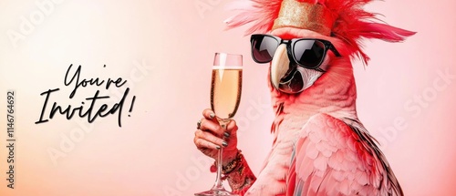 Stylish Parrot Celebrates with Champagne, Youre Invited Party Invitation photo