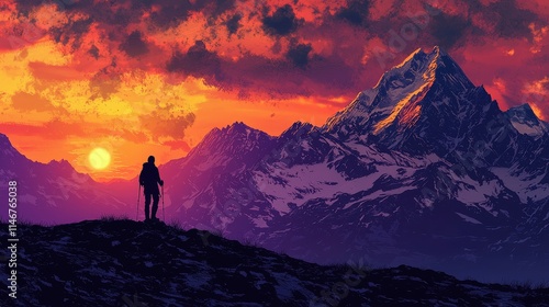 Silhouette of a hiker against a vibrant sunset over snowy mountain peaks, capturing adventure, tranquility, and the majestic beauty of nature.