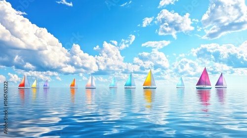 colorful sailboats on a calm ocean under a blue sky photo