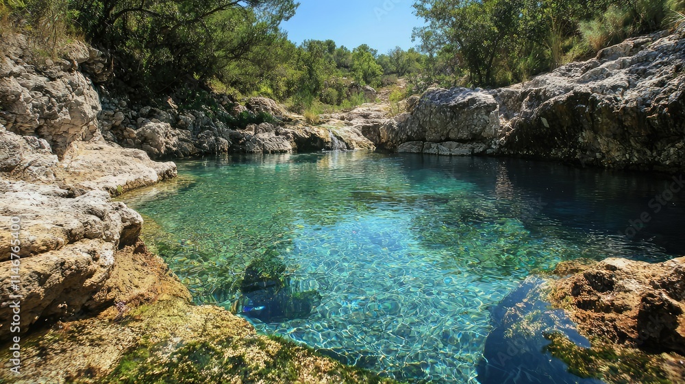 Serene Natural Pool Surrounded by Lush Greenery and Rocky Outcrops in a Bright Blue Sky Setting, Inviting Relaxation and Tranquility in Nature Serene Natural Pool Surrounded by Lush Greenery and Rocky Outcrops in a Bright Blue Sky Setting, Inviting Relaxation and Tranquility in Nature