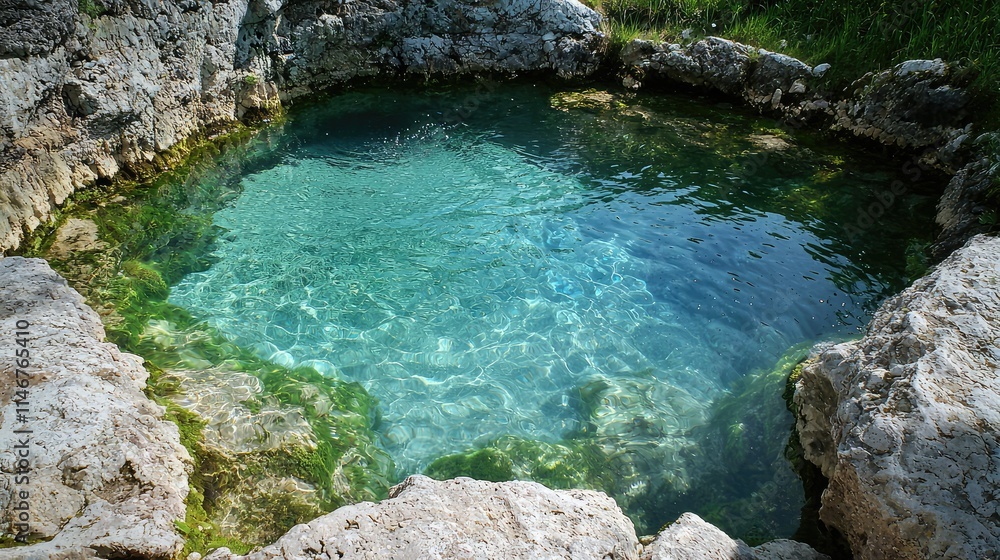 Tranquil Natural Spring Surrounded by Rocky Edges and Lush Vegetation, Featuring Crystal Clear Water Reflecting Sunlight in a Serene Outdoor Setting