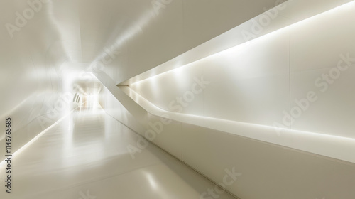 Empty hotel corridor with open door and clean, modern interior design photo