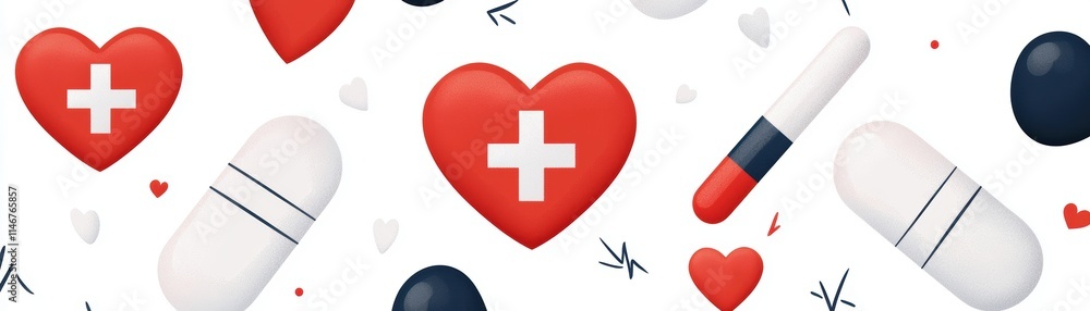 A colorful pattern featuring red hearts, white and red pills, and black capsules, symbolizing health and medical care. A colorful pattern featuring red hearts, white and red pills, and black capsules, symbolizing health and medical care.