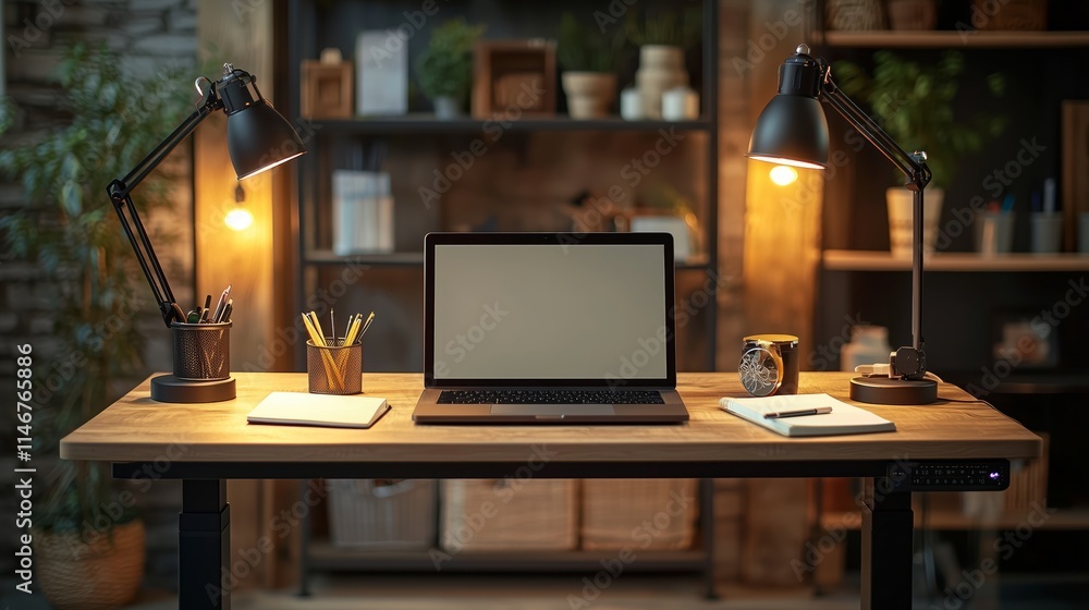 Stylish Modern Workspace with Laptop and Desk Lamps, Perfect for Remote Work or Home Office Setup, Featuring Minimalist Design and Warm Lighting Stylish Modern Workspace with Laptop and Desk Lamps, Perfect for Remote Work or Home Office Setup, Featuring Minimalist Design and Warm Lighting