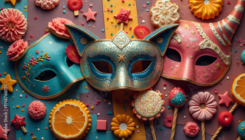 Colorful Mardi Gras masks surrounded by festive treats and decorations on a vibrant background photo