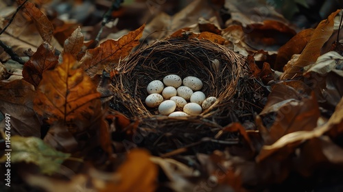 A Serene Nest Displaying Multiple Unhatched Eggs Surrounded by Autumn Leaves Highlights Nature's Cycle of Life in a Tranquil Forest Setting photo