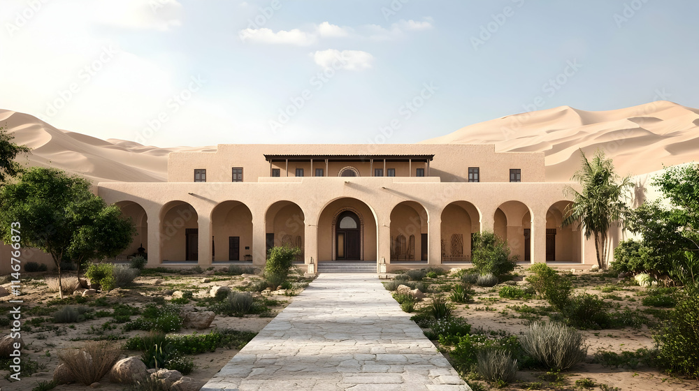 Fototapeta premium Moroccan Desert Caravanserai with arched courtyards and sand dune views, historic trade post