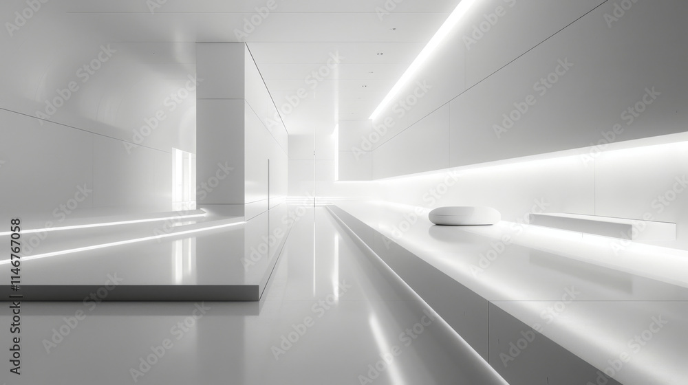 Empty hotel corridor with open door and clean, modern interior design Empty hotel corridor with open door and clean, modern interior design