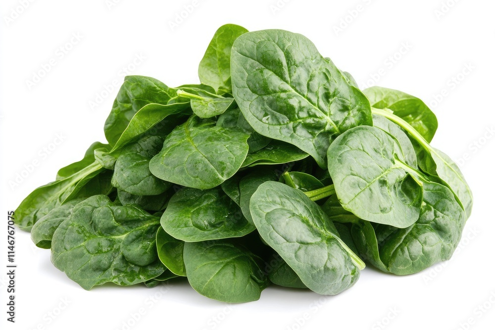 Fototapeta premium A large bunch of spinach leaves with rich green tones, isolated on a white background