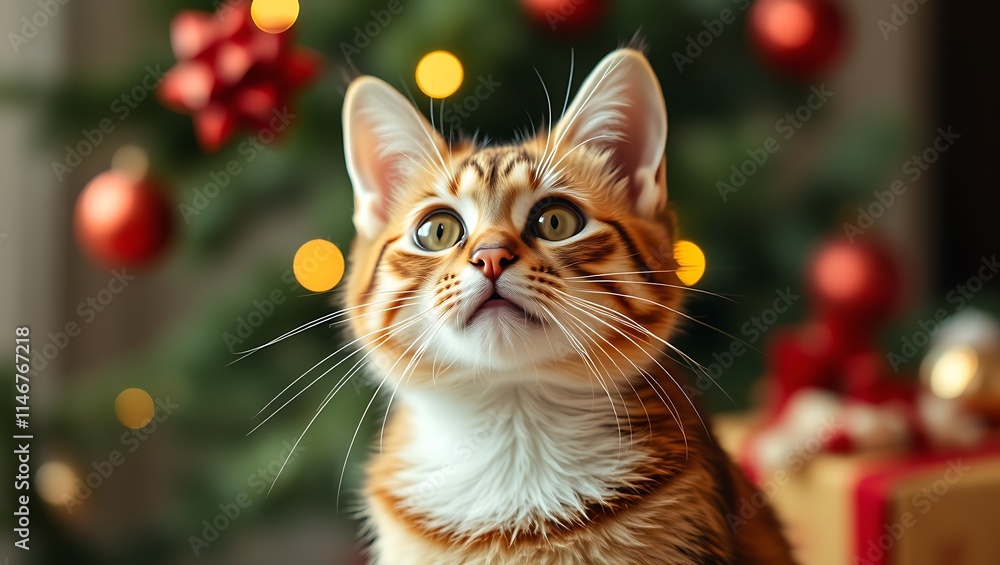 Christmas cat. Portrait of a fluffy cat next to a gift box on the background of Christmas tree and lights of garlands. Christmas cat. Portrait of a fluffy cat next to a gift box on the background of Christmas tree and lights of garlands.