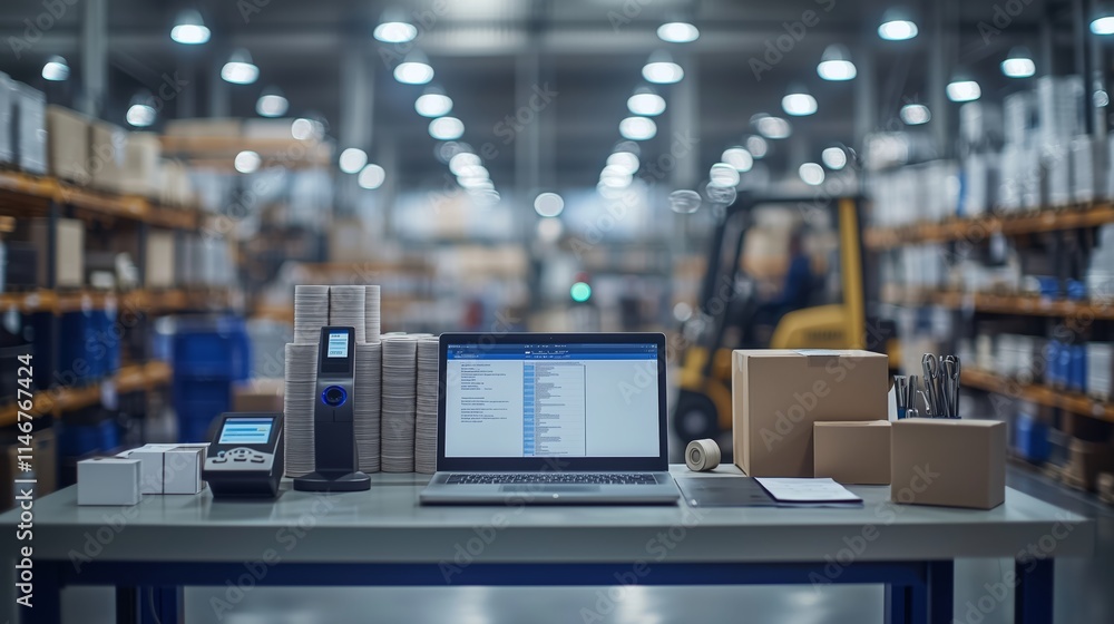Modern Workspace in a Warehouse Featuring a Laptop, Inventory Management Tools, and Organizational Supplies Amidst Shelves of Boxes and Pallets Modern Workspace in a Warehouse Featuring a Laptop, Inventory Management Tools, and Organizational Supplies Amidst Shelves of Boxes and Pallets
