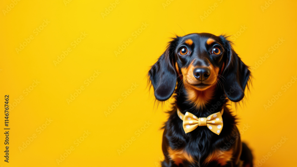 A charming long haired Dachshund dog wearing a yellow bowtie on a yellow background. A charming long haired Dachshund dog wearing a yellow bowtie on a yellow background.