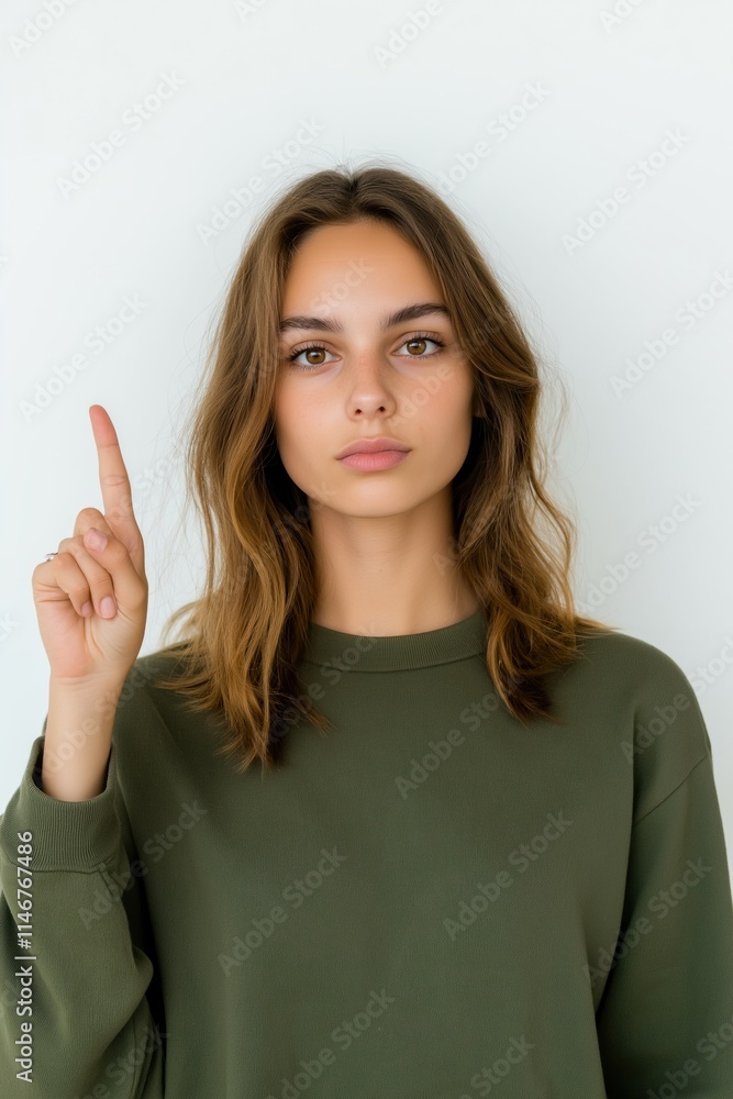 A woman with brown hair is pointing her finger up. She is wearing a green sweater. Concept of importance and emphasis on the woman's gesture A woman with brown hair is pointing her finger up. She is wearing a green sweater. Concept of importance and emphasis on the woman's gesture