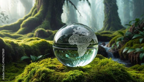 A delicate, ornate crystal globe, approximately eight inches in diameter, rests serenely on a lush, vibrant patch of moss, surrounded by the dense, emerald foliage of a misty forest photo