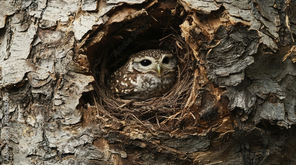 Enchanting Little Owl Nestled in the Heart of a Gnarled Tree Trunk, Showcasing Nature's Intricacies and the Beauty of Wildlife in a Serene Forest Environment Enchanting Little Owl Nestled in the Heart of a Gnarled Tree Trunk, Showcasing Nature's Intricacies and the Beauty of Wildlife in a Serene Forest Environment