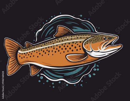 Brown Trout Logo. Unique, Bold, and Eyecatching Brown trout jumping out of the water. Suitable for any Brown Trout Fishing events. Print on Tshirt etc