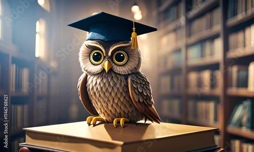 A 3d whimsical owl cartoon character mascot digital art with a graduation cap, perched on a stack of books in a glowing library setting photo