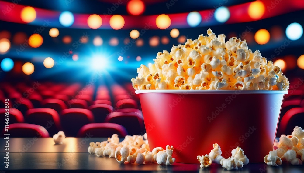Delicious popcorn served in a red bucket at a vibrant movie theater with colorful lights. National Popcorn Day Delicious popcorn served in a red bucket at a vibrant movie theater with colorful lights. National Popcorn Day