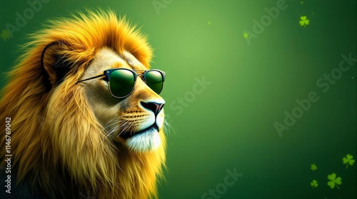 A closeup portrait of a majestic lion wearing cool sunglasses against a green background with shamrocks. copy space. st Patrick's Day concept photo