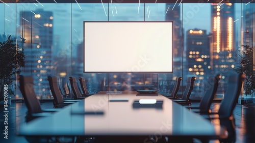 Modern Empty Conference Room with Large Screen and City View at Dusk, Perfect for Business Meetings, Presentations, and Corporate Events