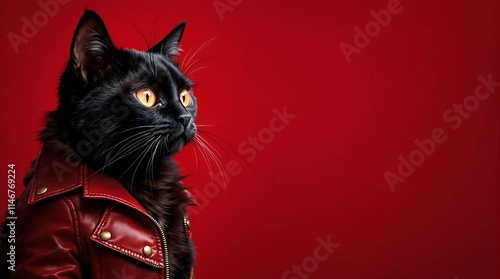 Valentines Day Black Cat Wearing A Stylish Red Leather Jacket. Poses Against A Vibrant Red Background. Copyspace photo