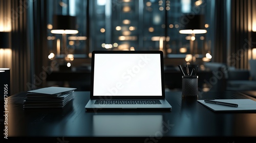 Wallpaper Mural Minimalistic office workspace with a blank laptop screen, modern decor, warm ambient lighting, and organization tools for creative work and productivity Torontodigital.ca