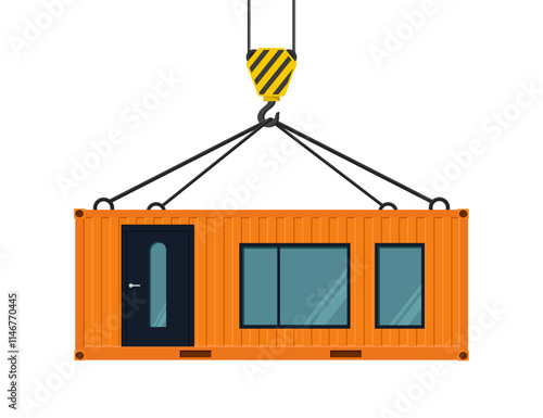 Orange container house hanging on a crane hook. Vector illustration. Crane hook. Isolated on a white background.	
