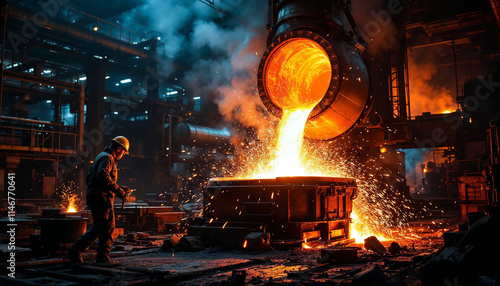 Molten steel being poured in a steel production facility photo