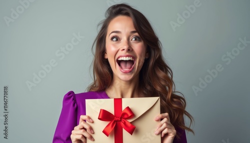 A joyful woman with long, wavy hair beams with excitement as she holds a beautifully wrapped envelope adorned with a red ribbon. Her vibrant purple outfit enhances the festive atmosphere, capturing