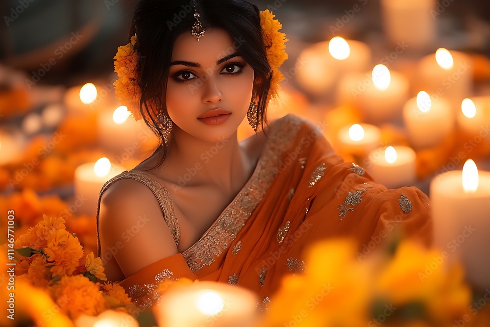 Stunning Woman in Embroidered Sari, Pensive Pose with Lights Stunning Woman in Embroidered Sari, Pensive Pose with Lights