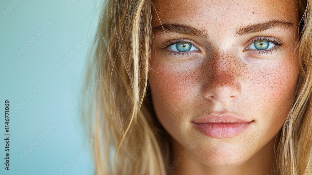 Obraz premium Close-up portrait of a young woman with freckles and blue eyes. (1)
