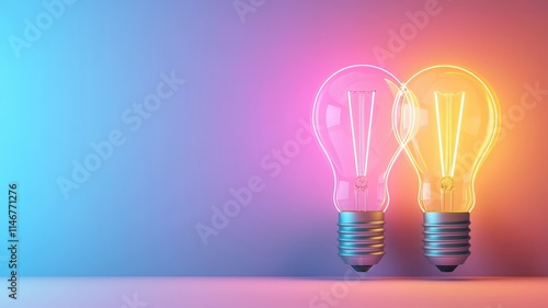 lightbulb ideas brainstorm efficiency. Two glowing light bulbs on a gradient background create a vibrant, modern look.