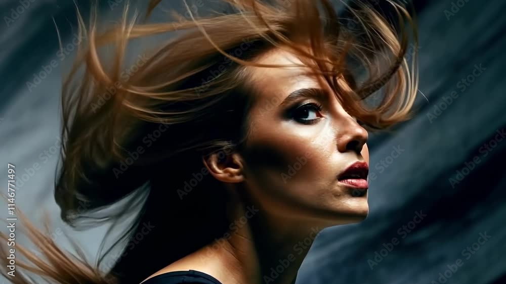Dynamic windswept portrait with flowing hair and intense expression Dynamic windswept portrait with flowing hair and intense expression