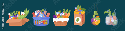 Shop bag. Market plastic basket. Container delivery product. Purchase groceries, vegetables and fruit, food. Order from the supermarket. Cartoon flat isolated illustration. Vector garish illustration
