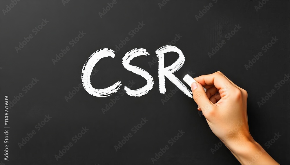 Hand holding white chalk writing CSR,Corporate Social Responsibility.Highlighting key business principles Hand holding white chalk writing CSR,Corporate Social Responsibility.Highlighting key business principles