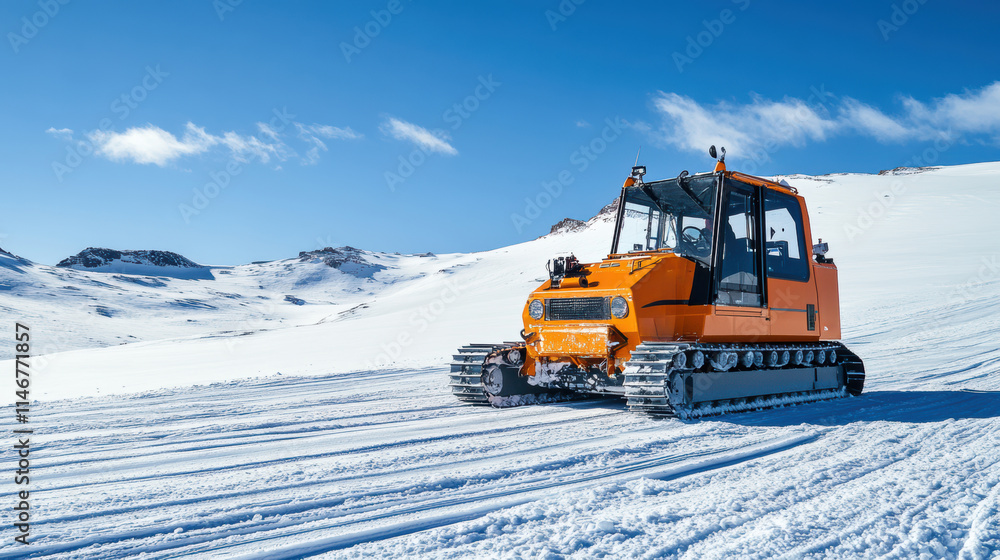The snow groomer on the slope prepares the perfect ski slope for ideal conditions for skiing The snow groomer on the slope prepares the perfect ski slope for ideal conditions for skiing
