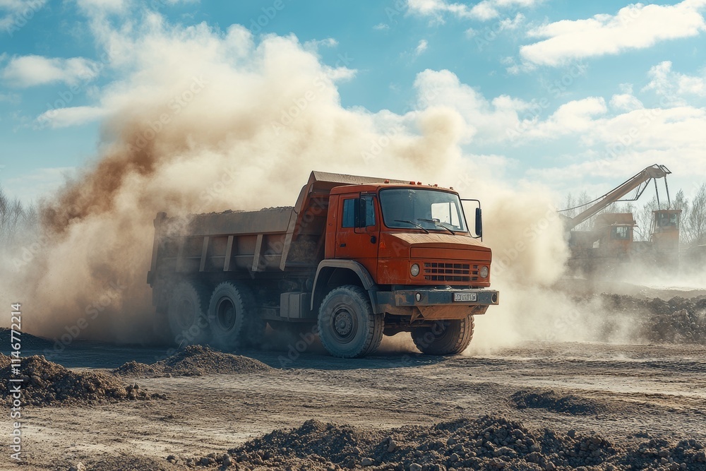 A dump truck moves through a construction site, creating dust clouds in the air. A dump truck moves through a construction site, creating dust clouds in the air.