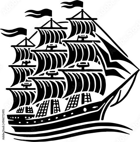 Black and White Vintage Ship Silhouette, Sailing Vessel Illustration, Nautical Design for Maritime Themes, Wall Art, Logos, or Tattoo Concepts photo