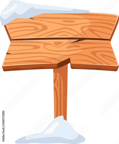 Wooden sign covered by snow with white background, perfect for representing winter season, christmas holidays, or a snowy mountain location