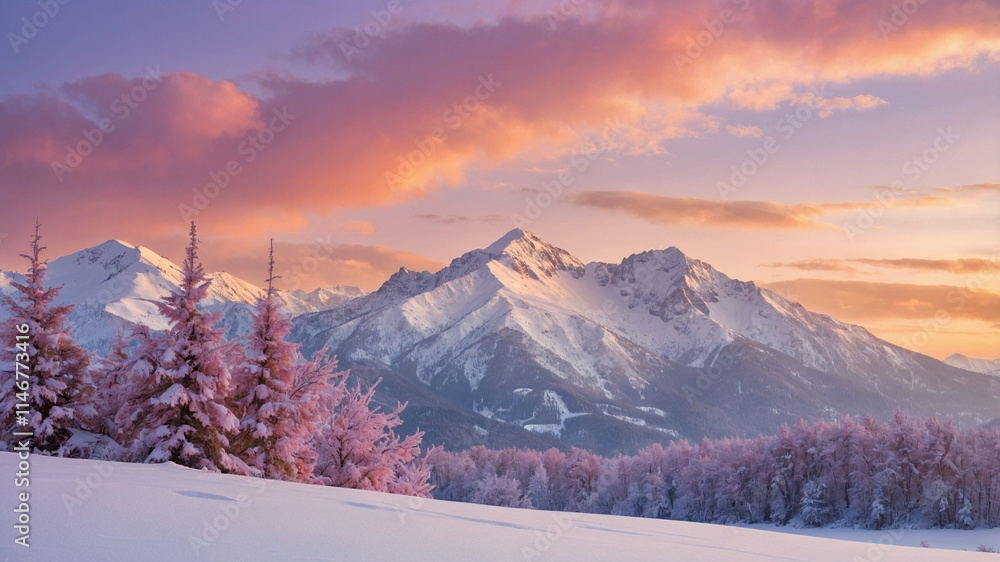 Obraz premium Magical Winter Morning with Pastel Clouds Over Snow-Capped Hills