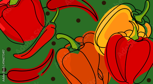illustration of colorful peppers and chili peppers. Modern illustration of chili and peppers of yellow, orange and red. Vegetables background