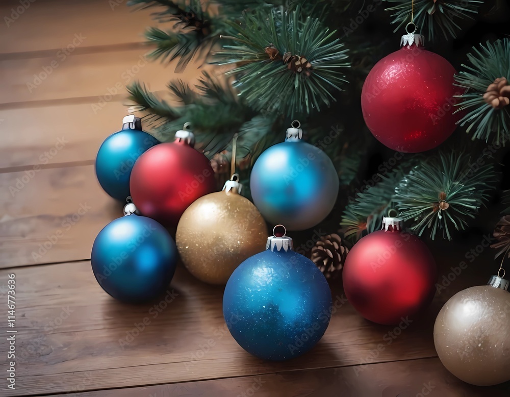 Colorful christmas balls hanging from a pine tree branch on a wooden surface Colorful christmas balls hanging from a pine tree branch on a wooden surface