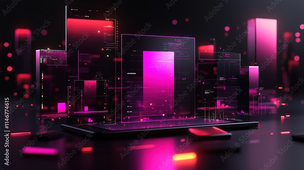 Digital data charts glowing in neon pink and red on dark background. Futuristic business analysis concept Digital data charts glowing in neon pink and red on dark background. Futuristic business analysis concept
