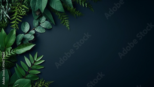 Green Leaves on Dark Background: A vibrant green foliage arrangement in a minimalist style with a dark background. The image features a variety of leaves, including fern and eucalyptus.