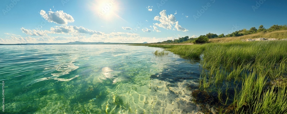 A serene lakeside view with clear turquoise water, lush green grass, and a bright, sunny sky dotted with fluffy clouds. A serene lakeside view with clear turquoise water, lush green grass, and a bright, sunny sky dotted with fluffy clouds.